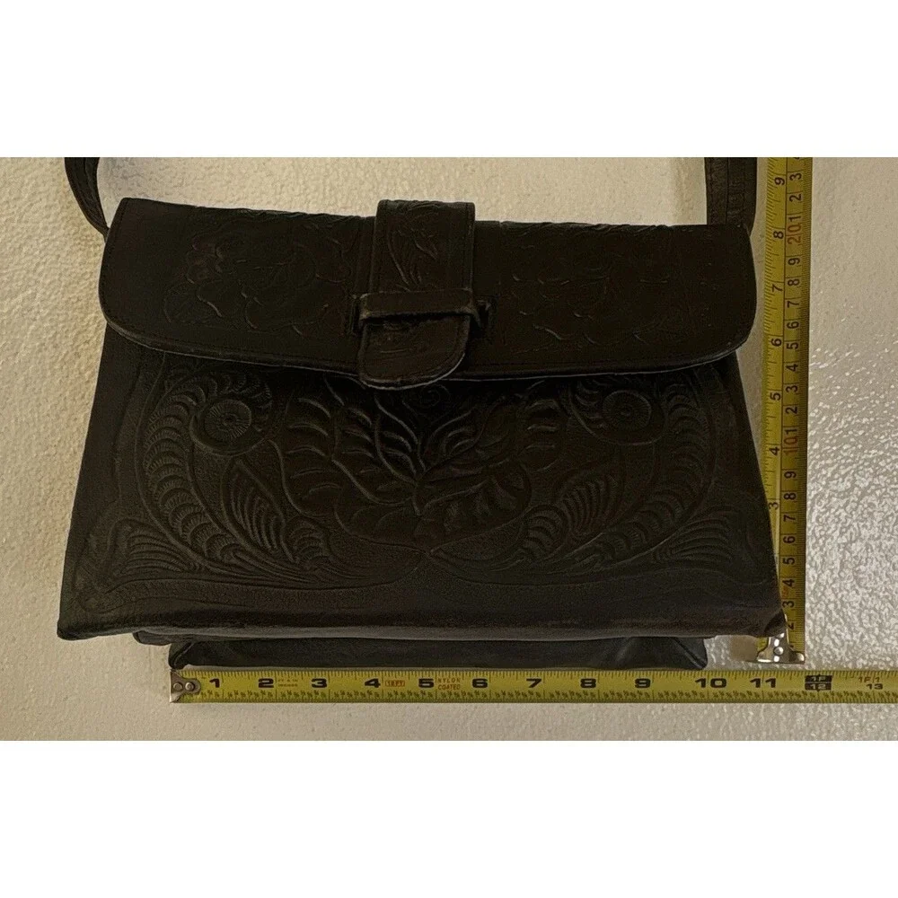 Vintage Black Embossed Leather Western SW Floral Shoulder Bag Purse W/Adj Strap